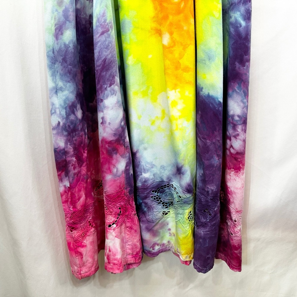 Tie Dye Medium Maxi Dress Handmade Rainbow Eyelet Hem Sleeveless Vacation 1760 - Picture 10 of 15